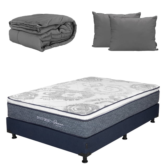 Colchón Matrimonial Restonic Ghana + Box + Almohadas 2Pack + Edredón