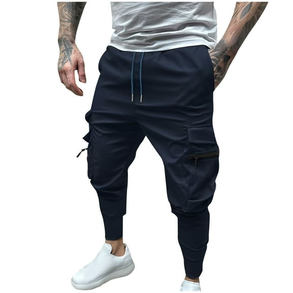 Timoontee Casual Jogger Drawstring Waist Trousers Fishing Hiking Pants for Men Cargo Pants Sweatpants with Pocket Pull On Pants Lightweight Workwear Straight Leg Navy XXXL