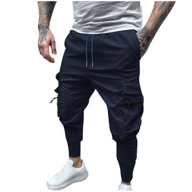 Pantalones largos para hombre, elásticos, de color liso, con cremallera, múltiples bolsillos, cintura elástica, cordón ajustable, de poliéster.