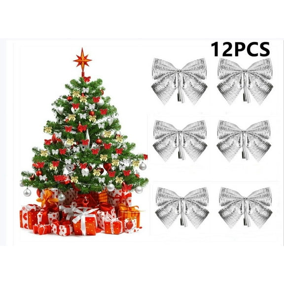 Topboutique 12 pcs Christmas Tree Bowknot,Mini 6cm Christmas Charms Decoration Ornaments Ribbon Bows,Tree Bow Bowknot Party Gift DIY Decor Xmas Tree,Silver