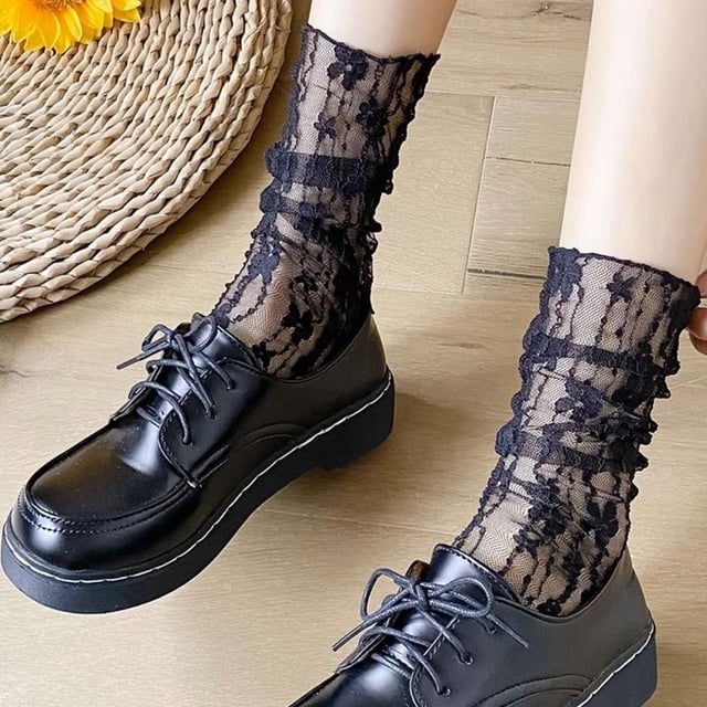 CAIROYAR Calcetines finos de moda de verano, calcetines de encaje de malla con volantes para mujer, calcetines hasta la mitad de la pantorrilla♯