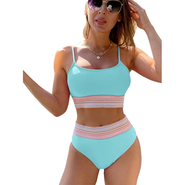 Conjunto de bikini de 2 piezas con bloques de color para mujer, traje de baño inalámbrico de cintura alta Menta, azul G Menta, azul G Xishao ropa