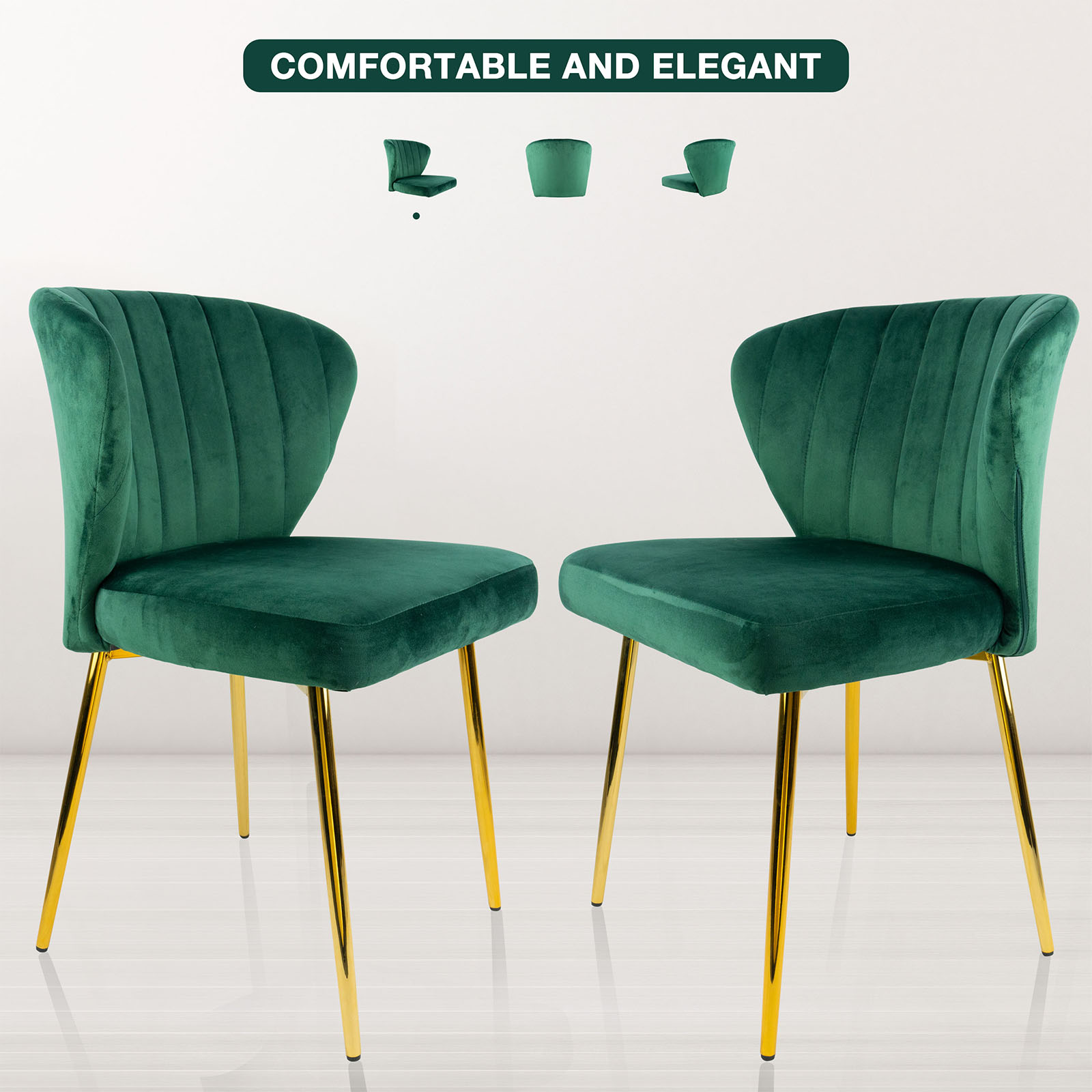MOJAY Modern Velvet Dining Chair Set of 2 with Tufted Backrest and Golden Legs, Green