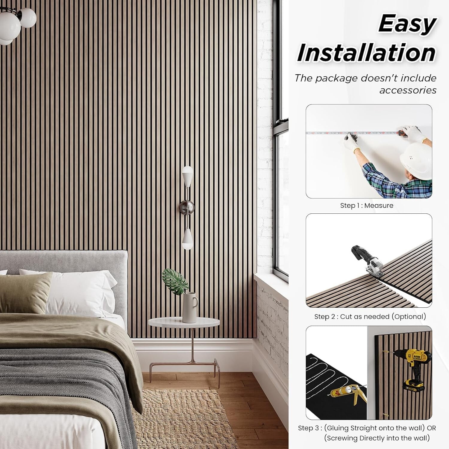 Easy4Home 2Pcs Acoustic Wood Slat Wall Panels 106"x20.5" Soundproof 3D Fluted Decorative Panels, Walnut
