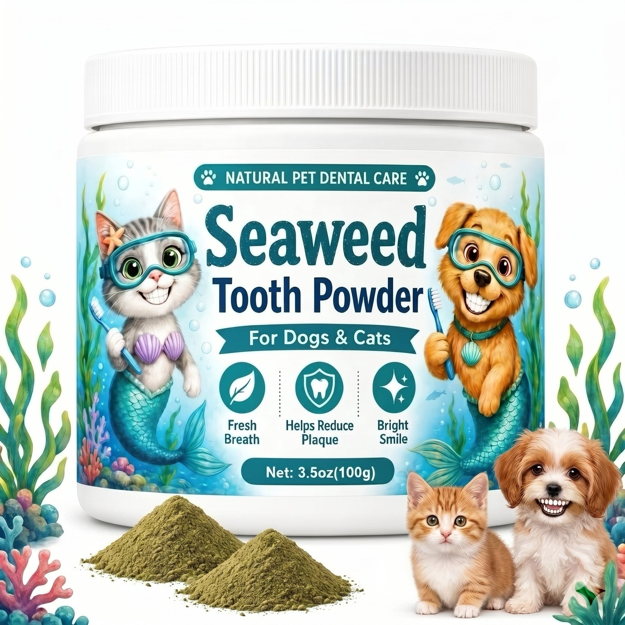 Dog Dental Powder for Teeth Cleaning – Plaque Remover with Probiotics & Kelp, 3.52 oz