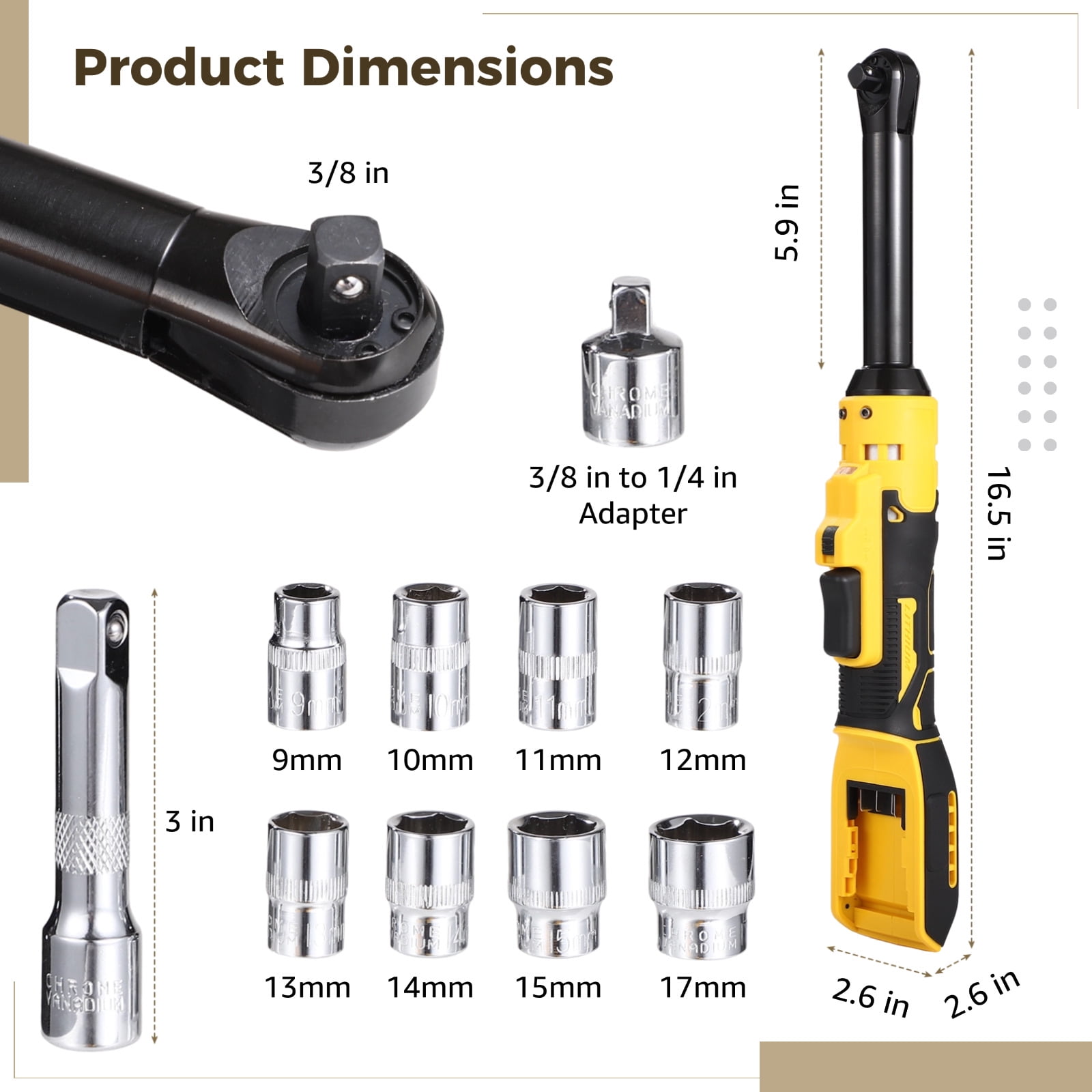 3/8 in Cordless Ratchet Wrench Set, Compatible with DEWALT 21V Battery, 6 in Extended Head, Electric Power Ratchet Tool Auto Repair Kit with 1/4 in Adapter, 3 in Extension Bar, 8 Sockets