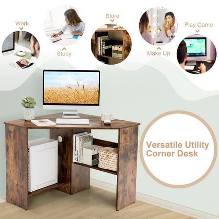 Costway Corner Computer Desk Triangle Writing Workstation w/Storage Shelf Rustic - Rustic Brown