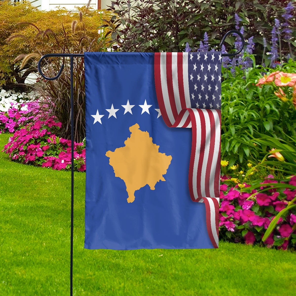 Flag Waving American Flag Kosovar Kosovo U.S.A Friendship Patriotic Proud House Flag, Double-Sided Decorative Outdoor Flag, Patriotic Polyester Yard Flag 29.5 x 39.5 in