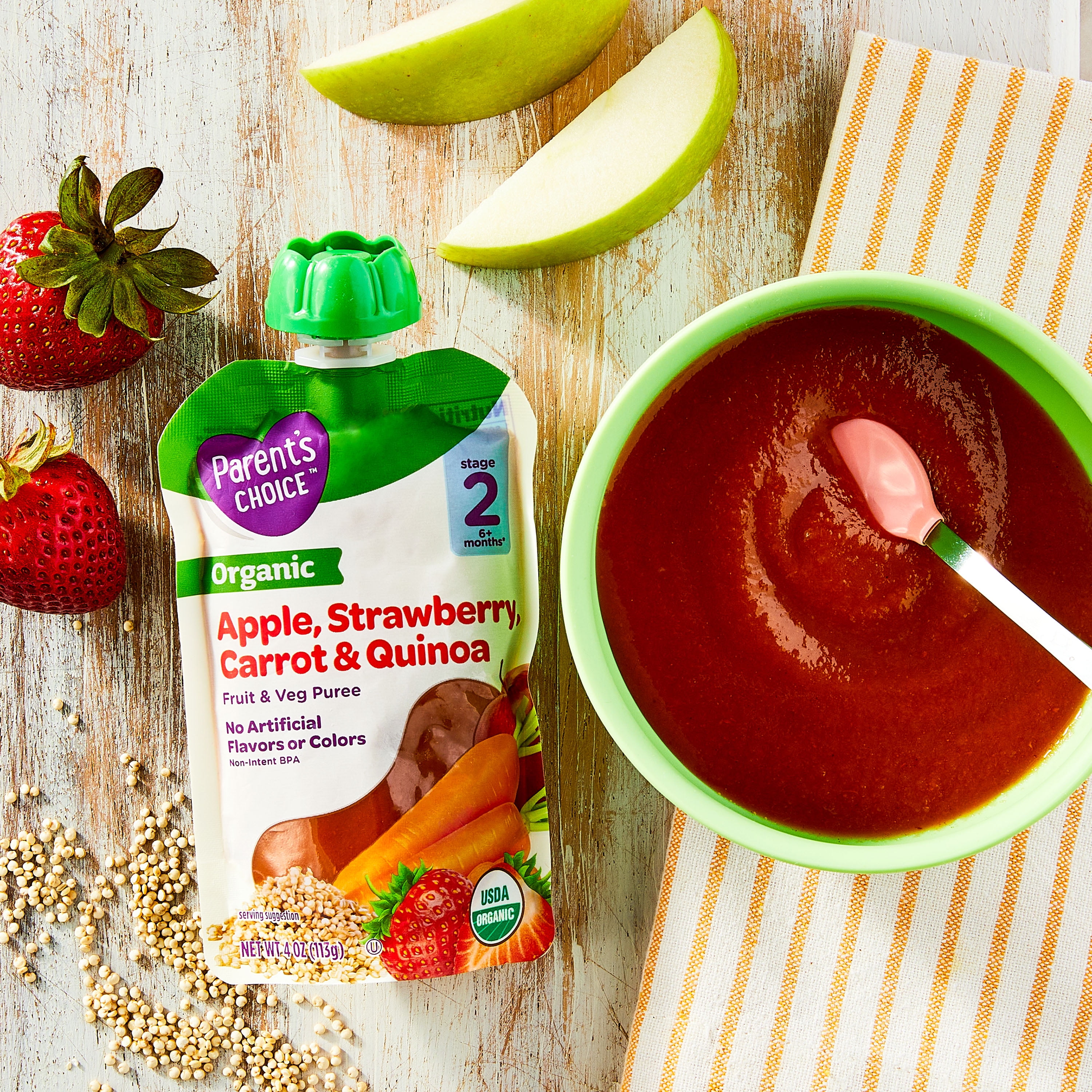 Parent's Choice Organic Stage 2 Baby Food Apple, Strawberry, Carrot, and Quinoa Puree, 4 oz Pouch