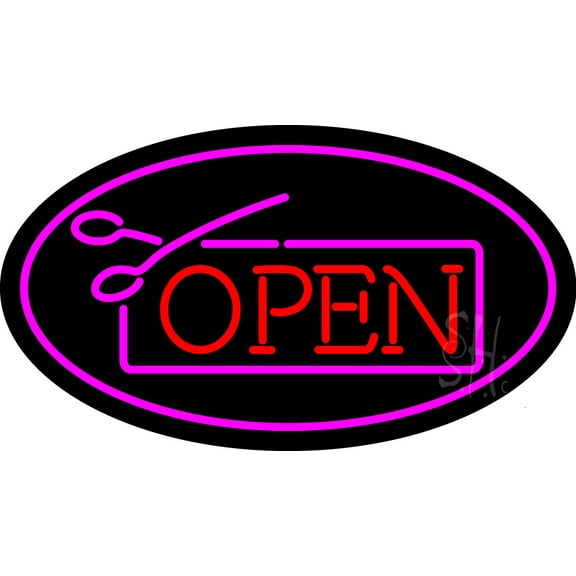 Red Pink Open with Scissor LED Neon Sign 20 x 37 - inches, Black Square Cut Acrylic Backing, with Dimmer - Bright and Premium built indoor LED Neon Sign for Defence Force.