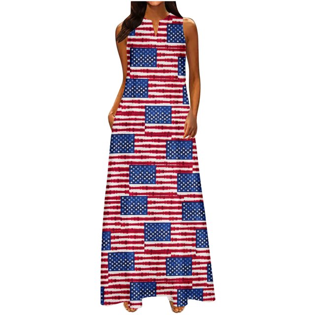 Robe Portefeuille Mode Femmes Décontractée Col en V Robes Imprimées pour la Fête de l'Indépendance Robe d'Été Sans Manches Robe à Enfiler Robe à Manches Courtes en Liquidation
