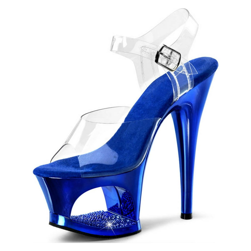 Pleaser Royal Blue High Heels with Rhinestone Encrusted Cutout Platform and 7 Inch Heel