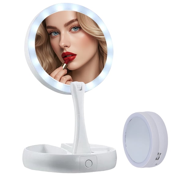 Lighted Makeup Mirror with 10X Magnification, Double Sided LED Vanity Mirror, Foldable Tabletop Cosmetic Mirror with Storage Base, Portable Travel Makeup Mirror