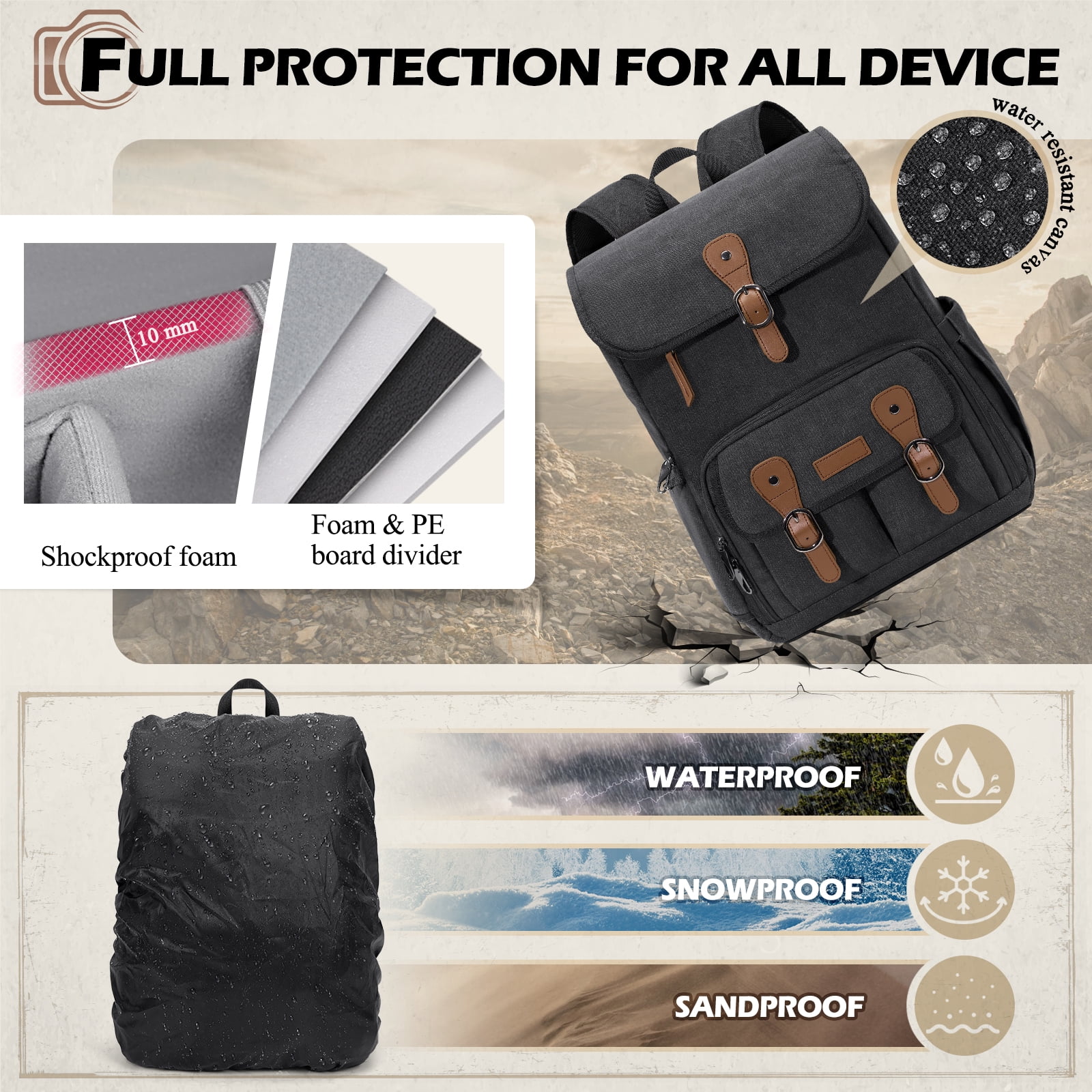 RAINSMORE Camera Bag Backpack for DSLR/SLR Mirrorless 15.6 Inch Laptop Camera Back Pack for Photographers Anti-Theft Photography Bags Case with Tripod Holder & Rain Cover, Black