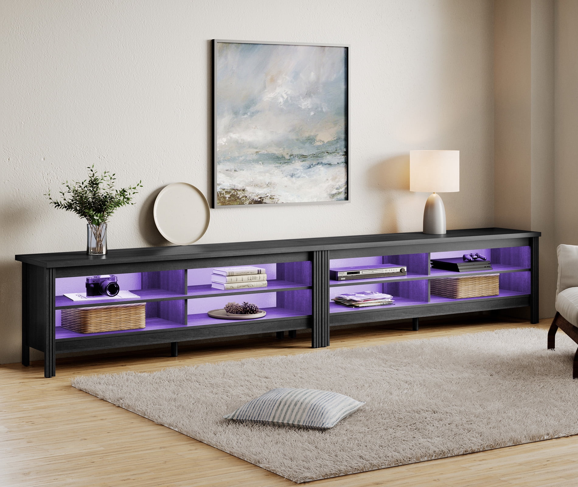 Farmhouse TV Stand for 100 inch TV Entertainment Center Wood TV Media Console Table with RGB LED Light for 80/85/90 inch TV with 8 Storages for Living Room Bedroom, Black