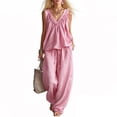 thumbnail image 2 of Beach Vacation Outfits for Women Womens Ruffle Linen 2 Piece Outfits Summer V Neck Sleeveless Blouse Tops with Drawstring Baggy Pants Beach Vacation Wear M, 2 of 6