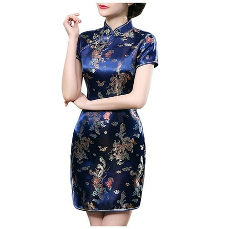 DVKOVI Dresses Prom Corset Prom Dress Chinese Cheongsam Women s Short Sleeve Turtle Neck Bodycon Mini Tank Short Party Dress Dark Blue XXXL