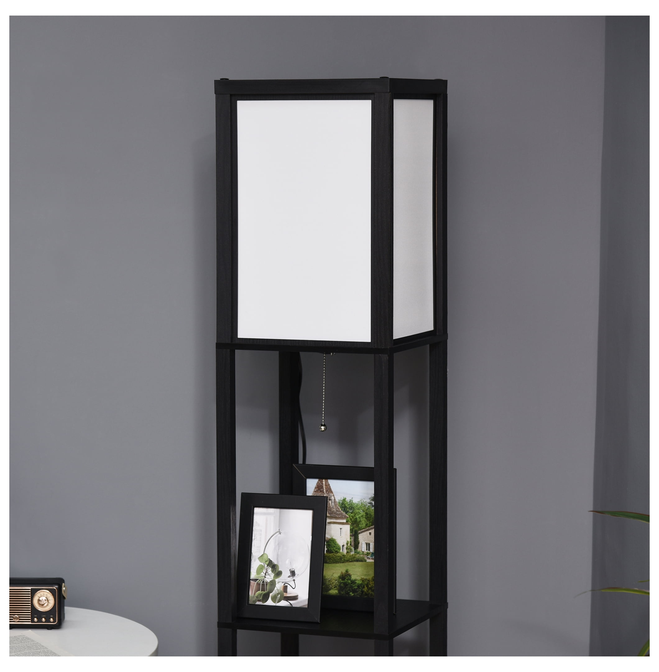 HOMCOM Modern Floor Lamp with Shelves & Dual Ambient Lighting, Tall Standing Lamp for Living Room, Bedroom with Fabric Lampshade (Bulb not Included), Black