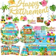 Tropical Retirement Party PriNst Decorations, Luau Aloha Hawaiian Beach Themed Retirement Party Supplies Including Banner Paper Plates and Napkins Sets Cake Toppers and 2 Pcs Tablecloth