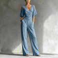 thumbnail image 4 of JULMCOMO Jumpsuits for Women Deep V Neck Cold Shoulder Casual Rompers Half Sleeve Cinched Waist Wide Leg Summer Jumpsuit with Pockets Sky Blue L, 4 of 5