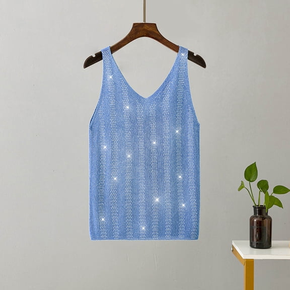 Nrmvnmi Womens Sequin Tank Tops Casual Fashion V Neck Strappy Sparkly Shimmer Cami Shirts Sexy Sleeveless Racerback Tops Vest For Mothers day gifts