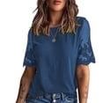 thumbnail image 3 of Camiseta de encaje de manga corta para mujer Blusa de manga de encaje con cuello redondo de color puro de moda con cuello redondo, 3 of 6