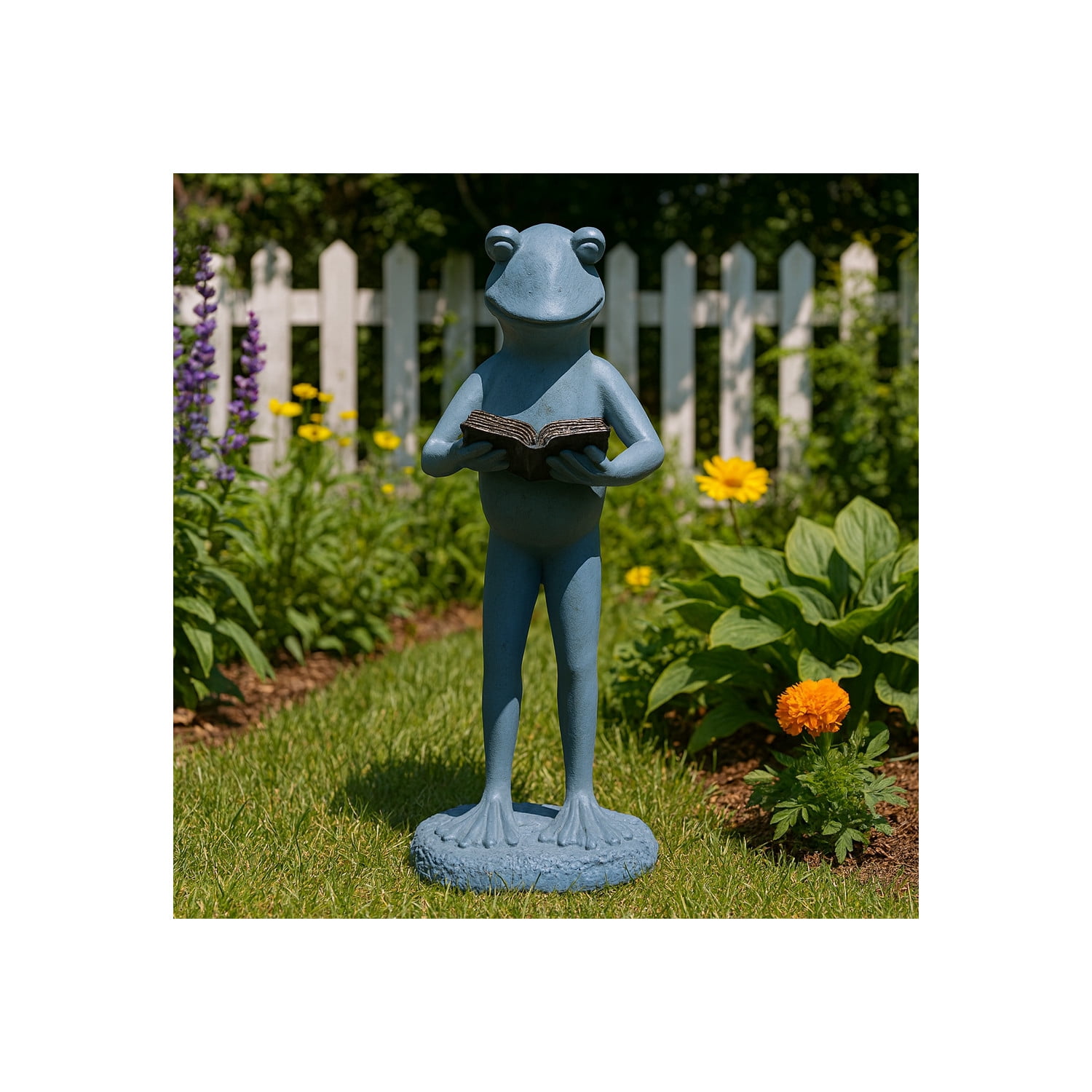 Standing Frog with Book Statue for Garden Decor - Decorative Front Porch for Patio, Backyard, and Walkways Display - Whimsical Yard Art Sculpture for Flower Bed or Deck Decor - 18", Grey & Metallic