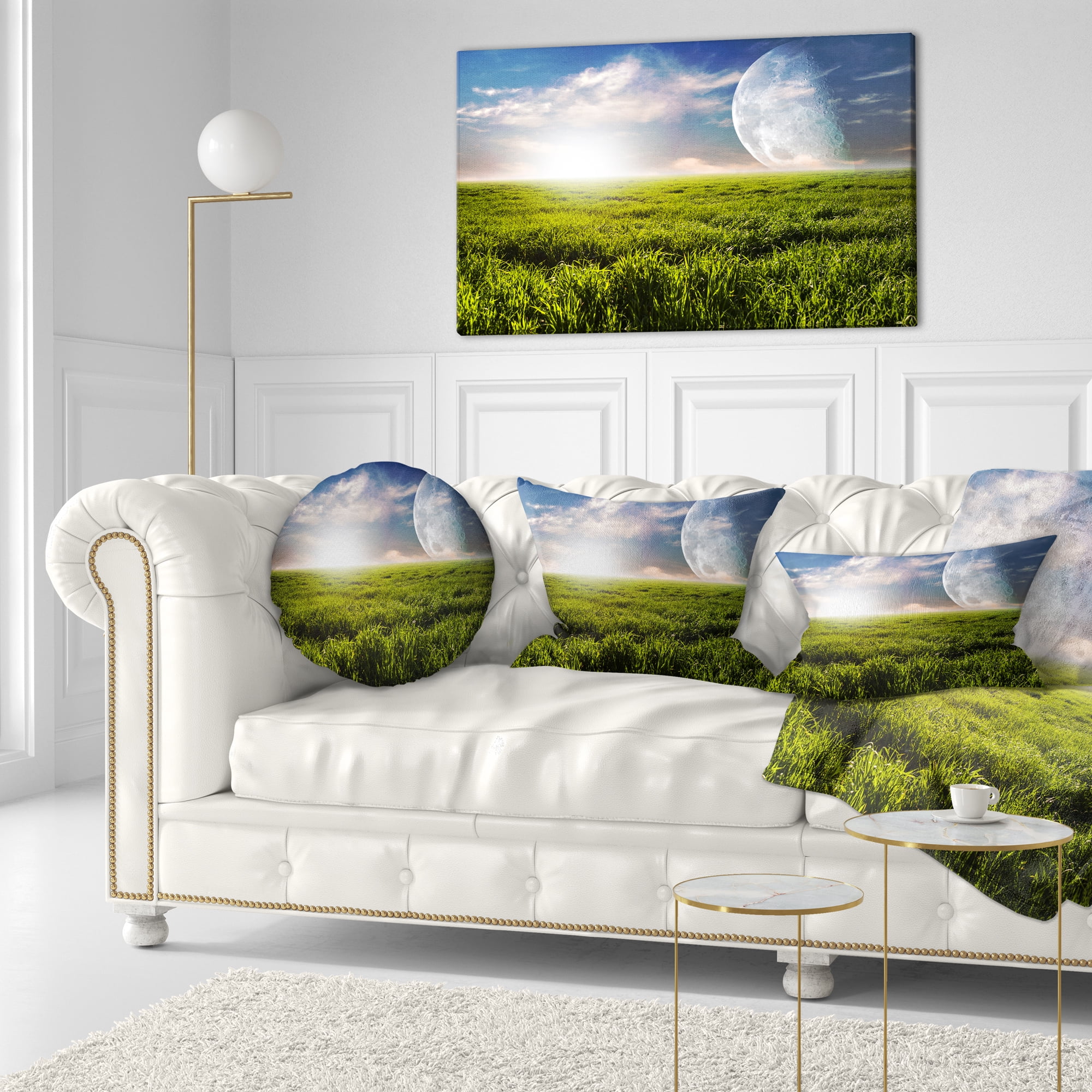 Designart Green Field under Bright Sunlight - Landscape Printed Throw Pillow - 12x20