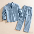 thumbnail image 4 of Migroa Mens 2 Pieces Cotton Linen Set Long Sleeve Shirts Casual Drawstring Yoga Pants Loose Fit Straight Legs Beach Trousers Summer Beach Wedding Outfits Light Blue L, 4 of 8