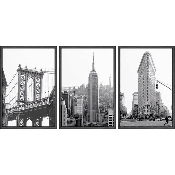 PixonSign Framed Canvas Print Wall Art Set Black & White Flatiron NYC New York Urban Architecture Photography Realism Scenic Landscape Decorative Colorful Multicolor for Bedroom - 24"x36"x3 Black