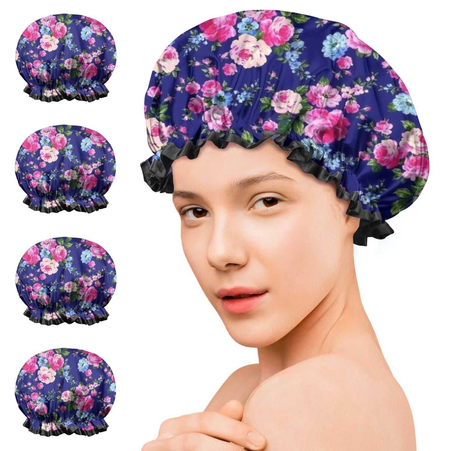 Shower Caps,Pioneer Flower Floral Print Pattern Waterproof Shower Cap for Women 4 Pieces,Double Reusable Hair Cover for Shower PEVA Elastic Stretch Hem
