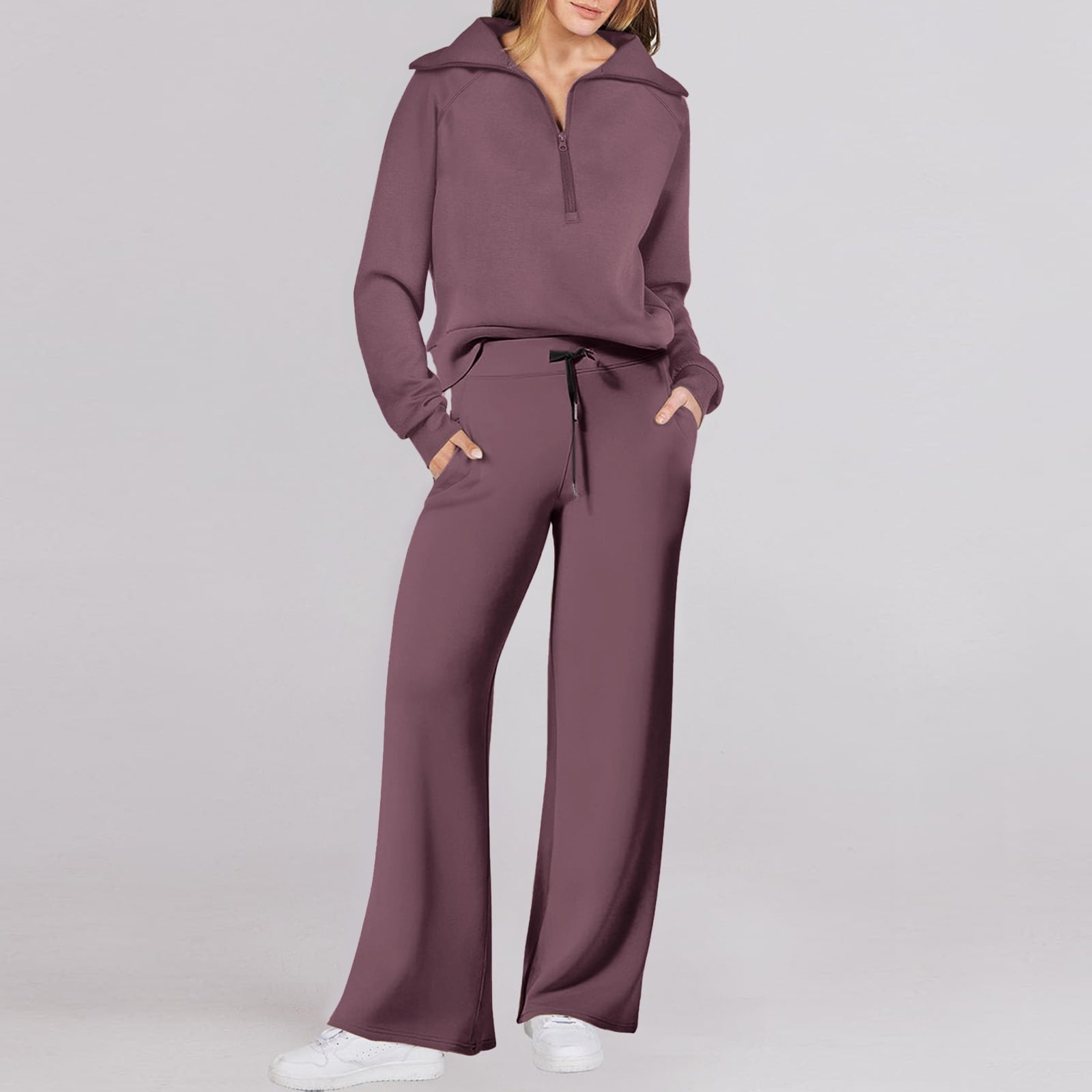 CILENON Casual Outfits for Women Women Two Piece Outfits Sweatsuit Set Quarter Zip Sweatshirt Wide Leg Sweatpant Fall Set Tracksuit Plus Size Sets Travel Outfit (Wine Red,XXL)
