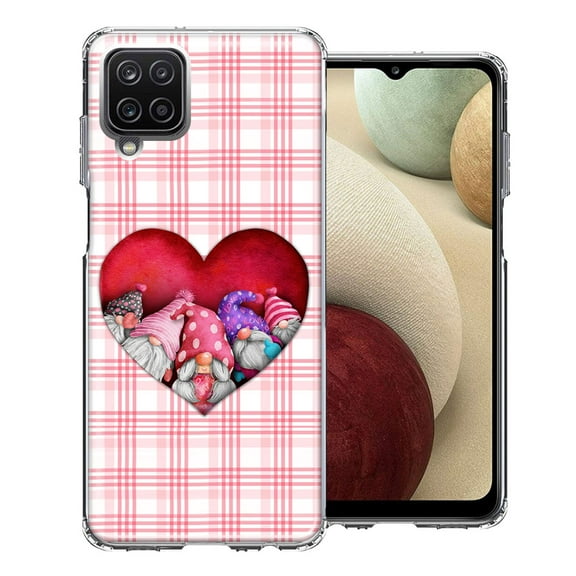 MUNDAZE for Samsung Galaxy A12 Valentine's Day Garden Gnomes Heart Love Pink Plaid Double Layer Phone Case Cover
