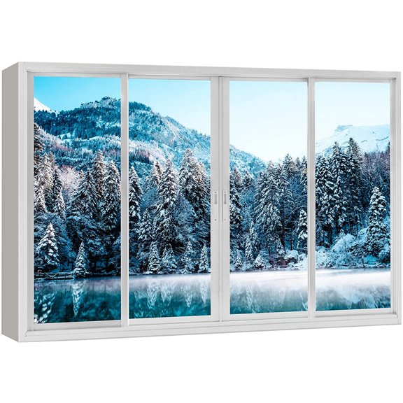 wall26 Canvas Print Wall Art Window View Winter Wonderland Snow Pine Tree Forest Wilderness Nature Photography Realism Scenic Landscape Colorful Multicolor for Living Room, Bedroom, Office - 16"