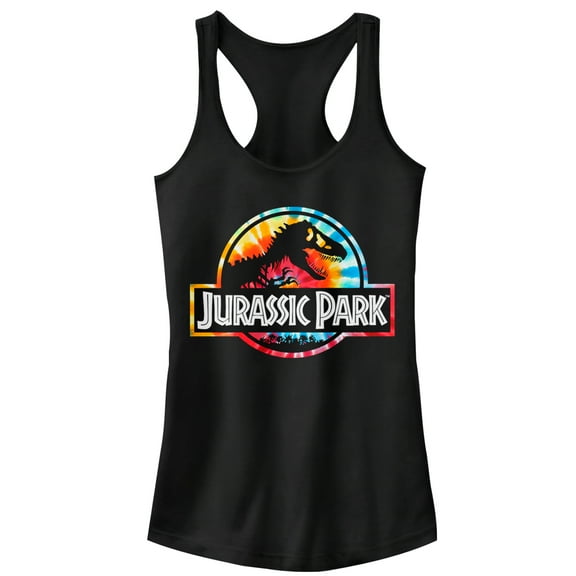 Junior's Jurassic Park Groovy Tie-Dye Logo Racerback Tank Top Black X Large