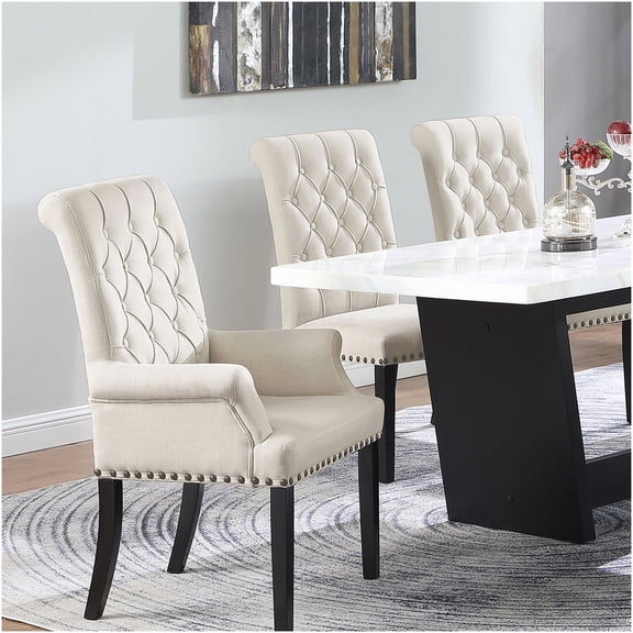 Norwich Sand Velvet Upholstered Dining Arm Chair with Button Tufted Back and Nailhead Trim