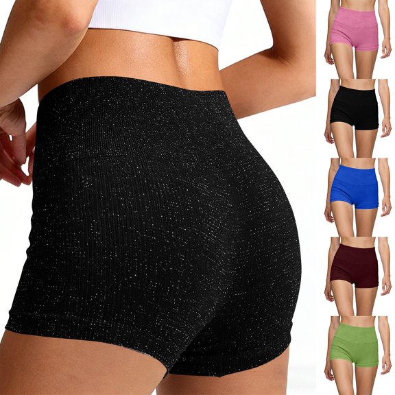 BiZtdJrK Green Women's Fitness Shorts Sparkly High Waisted Ribbed Knit Yoga Shorts Stretch Running Athletic Boxer Shorts Shapewear Boyshorts L