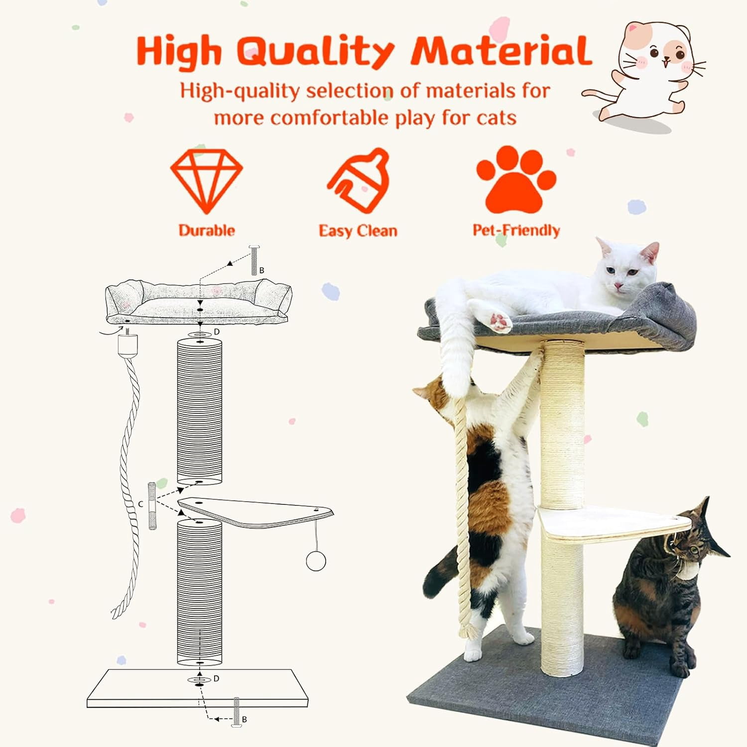Tall Cat Tree Tower for Large Indoor Cats, 35" Sisal Scratching Post with Plush Perch, Hammock, and Spacious Bed, Stable Cat Climber in Gray