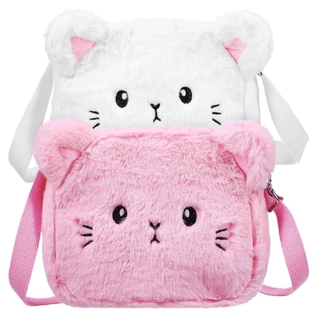 UPOUART 2-Pack Plush Crossbody Bags with Adorable Kitten Face, Adjustable Strap, Zipper Closure, Multiple Colors for Everyday Use