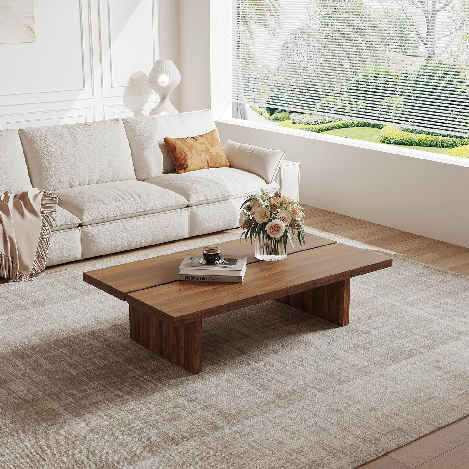 FHKJ 47 Inch Rectangular Wood Coffee Table, Modern Farmhouse Coffee Table for Living Room, Brown Minimalist Center Table