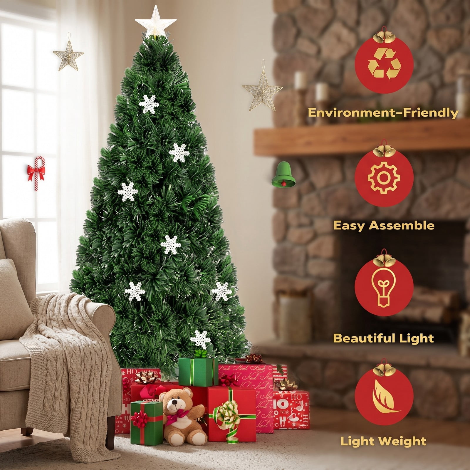 RUIE Pre-Lit Artificial Christmas Tree, 5 FT LED Optic Xmas Tree with 21 Color-Changing Lights and 170 PVC Tips, Metal Stand for Indoor Holiday Home Office, Green
