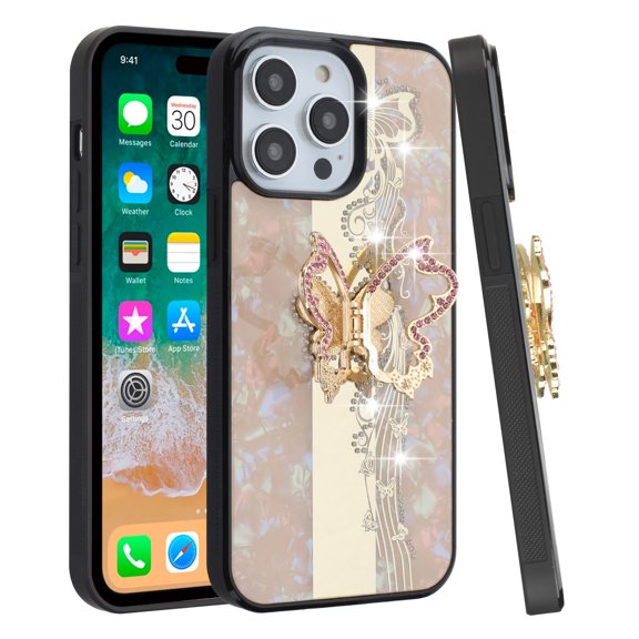 For Apple iPhone 14 Pro (6.1") Diamond Bling Sparkly 3D Ornaments Engraving Hybrid with Ring Stand Fashion Cover ,Xpm Phone Case [ Enchanted Butterfly Gold ]