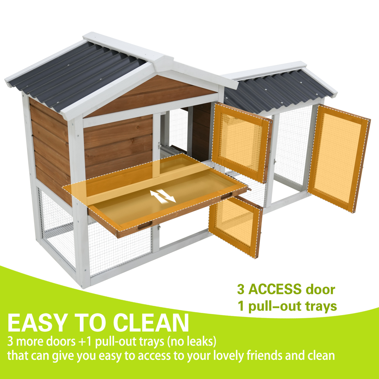 2-Story Rabbit Hutch with Run, 58" Bunny Cage with 1 Pull-Out Tray, 3 Lockable Doors and Waterproof Roof for Rabbits, Guinea Pigs, Small Pets, Orange+Yellow