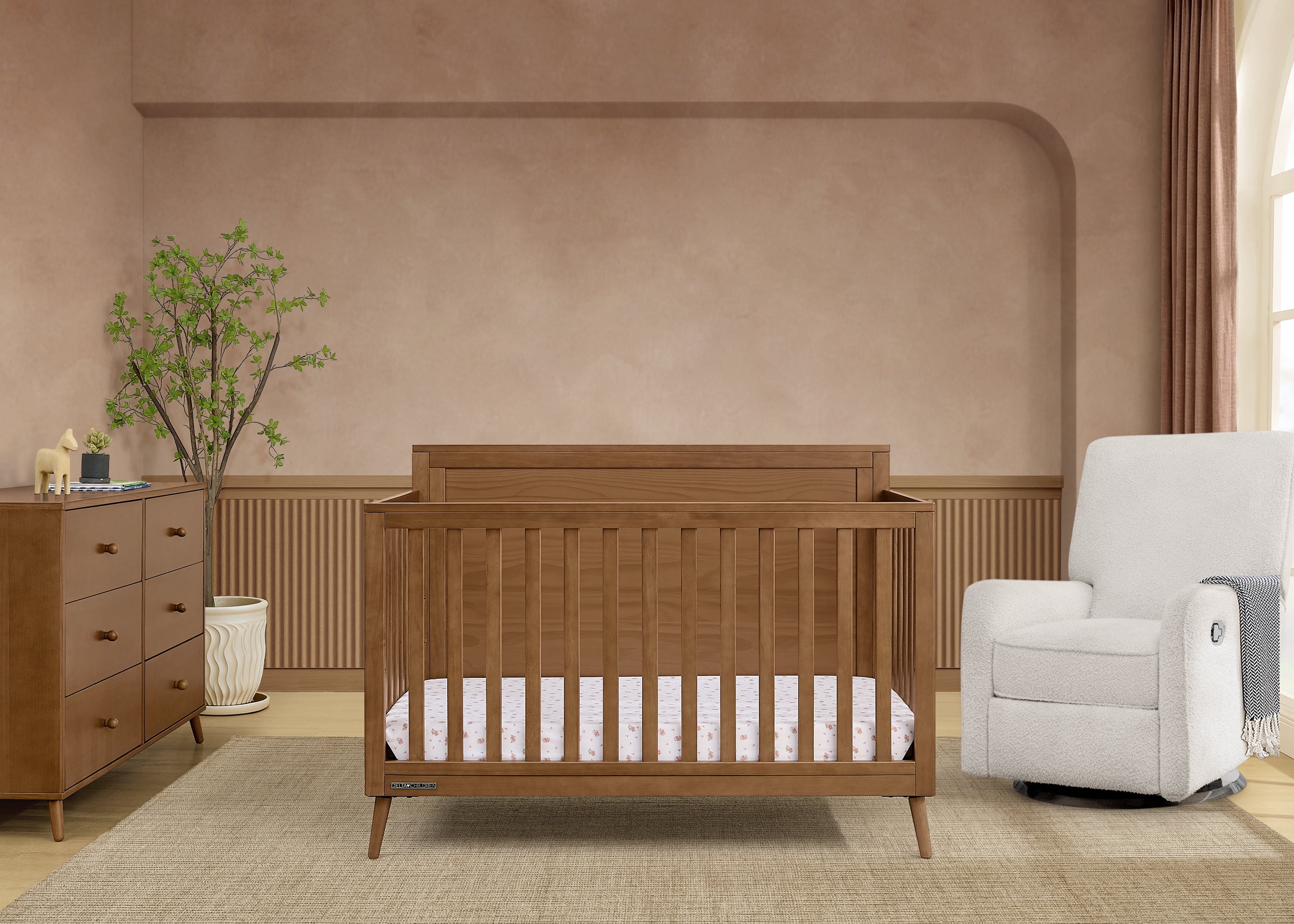 Delta Children Lola 6-in-1 Convertible Crib - Converts from Baby Crib to Toddler Bed, Daybed, Sofa Bed and Full-Size Bed With and Without Footboard, Fits Standard Full-Size Crib Mattress, Chestnut