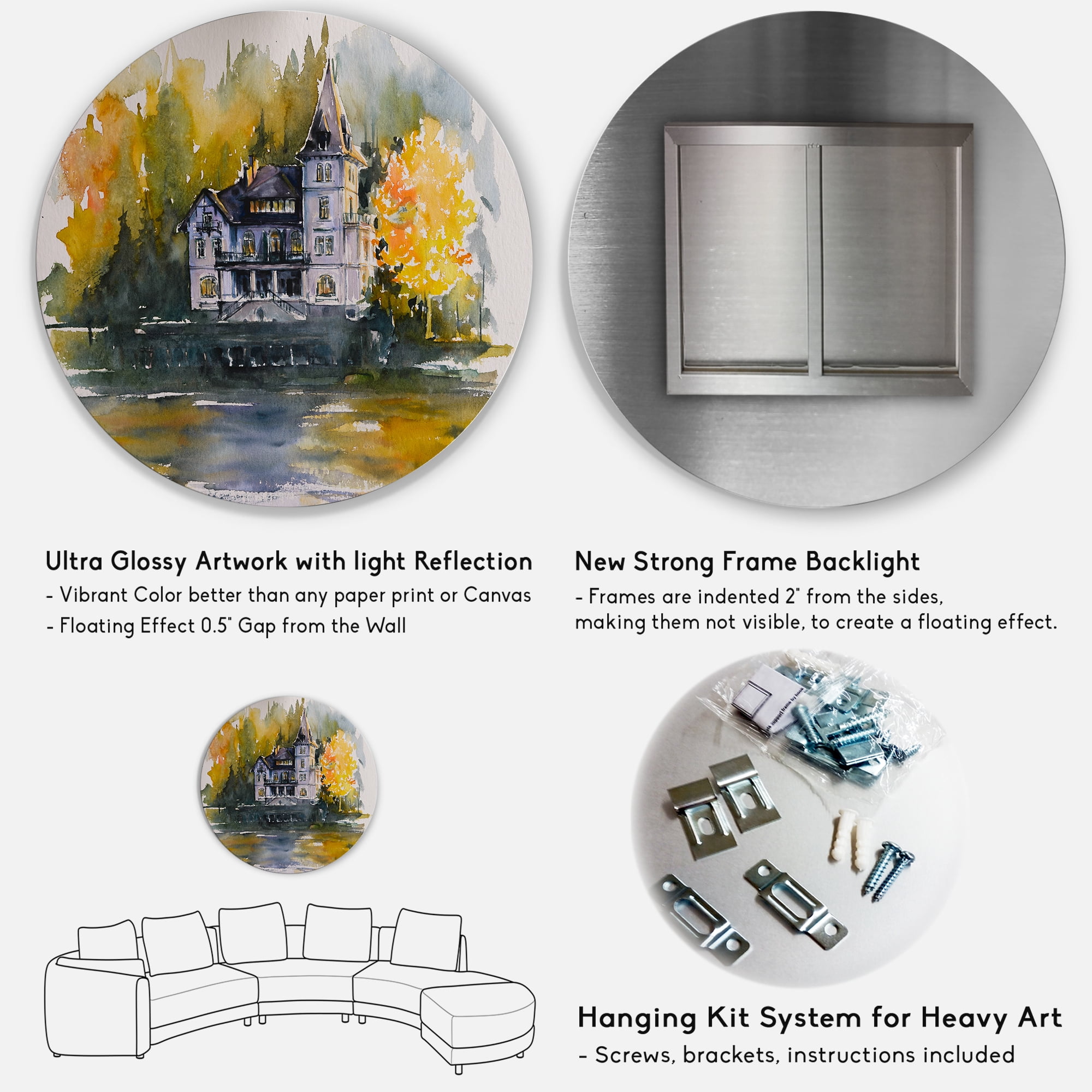 Designart 'Castle With Autumn Trees By The Lake' Lake House Circle Metal Wall Art 11x11 - Disc of 11