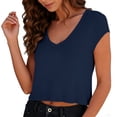 thumbnail image 4 of Oiangi Womens Short Sleeve T shirts V Neck Crop Tees Summer Loose Fit Plain Tops Navy XL, 4 of 6