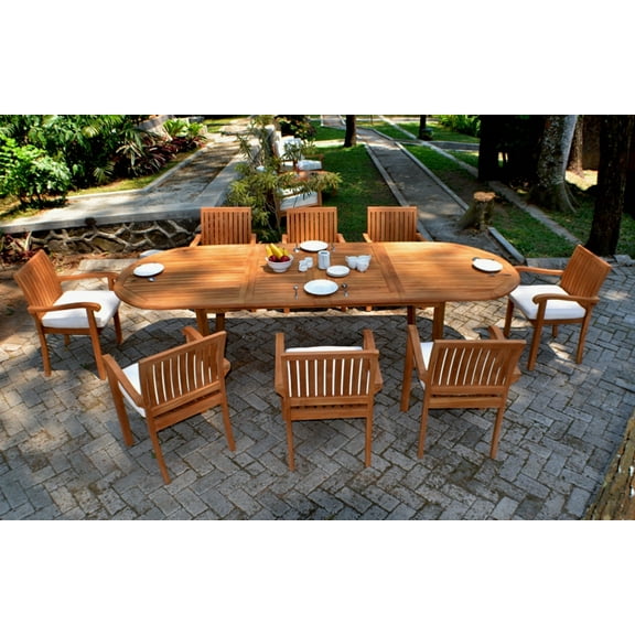 7 PC A Grade Outdoor Patio Teak Dining Set - 117" Double Extension Oval Table & 6 Naples Stacking Arm Chairs