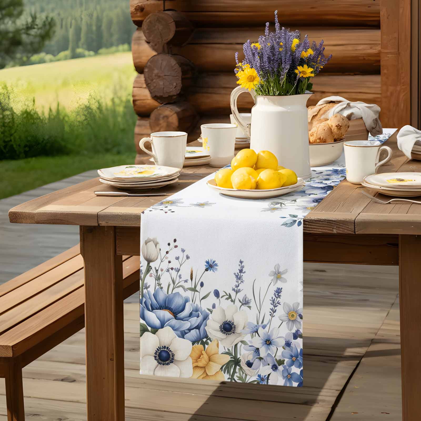 Country Blue Flowers Table Runner 90 Inches Long, Watercolor Eucalyptus Leaves Table Runners Tabletop Scarf Kitchen Dining Tables Decoration for Home Party Indoor Outdoor