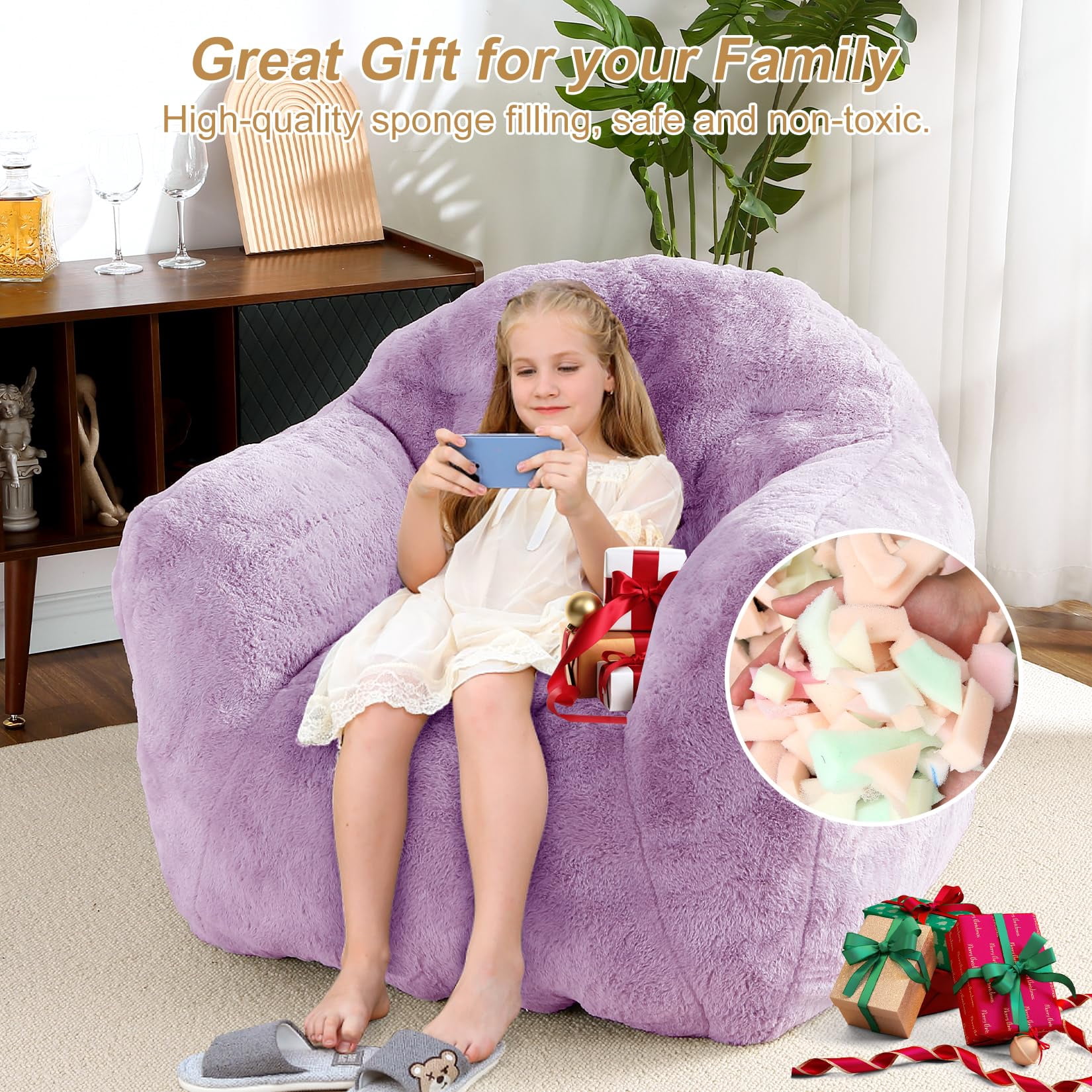 Oversized Cozy Bean Bag Chair for Adults – Supportive Backrest & Wide Armrests, High Density Foam, Easy to Clean – For Living Room, Bedroom, Gaming, Reading Nook – Lightweight & Portable – Purple