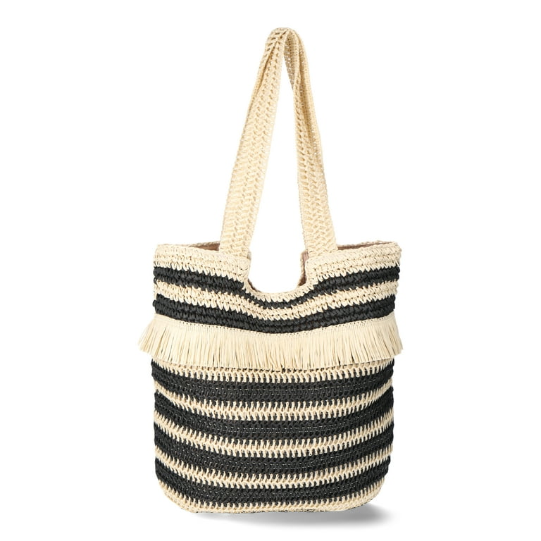 No Boundaries Women s Woven Stripe Straw Tote Bag with Fringe Natural Black Stripe Walmart